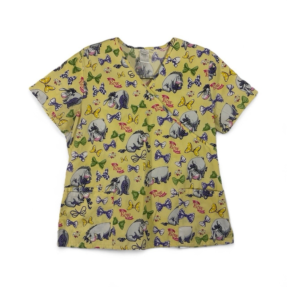 Disney Scrub Top Womens LARGE Yellow Eeyore Winnie the Pooh Oh Bow is Me Hearts